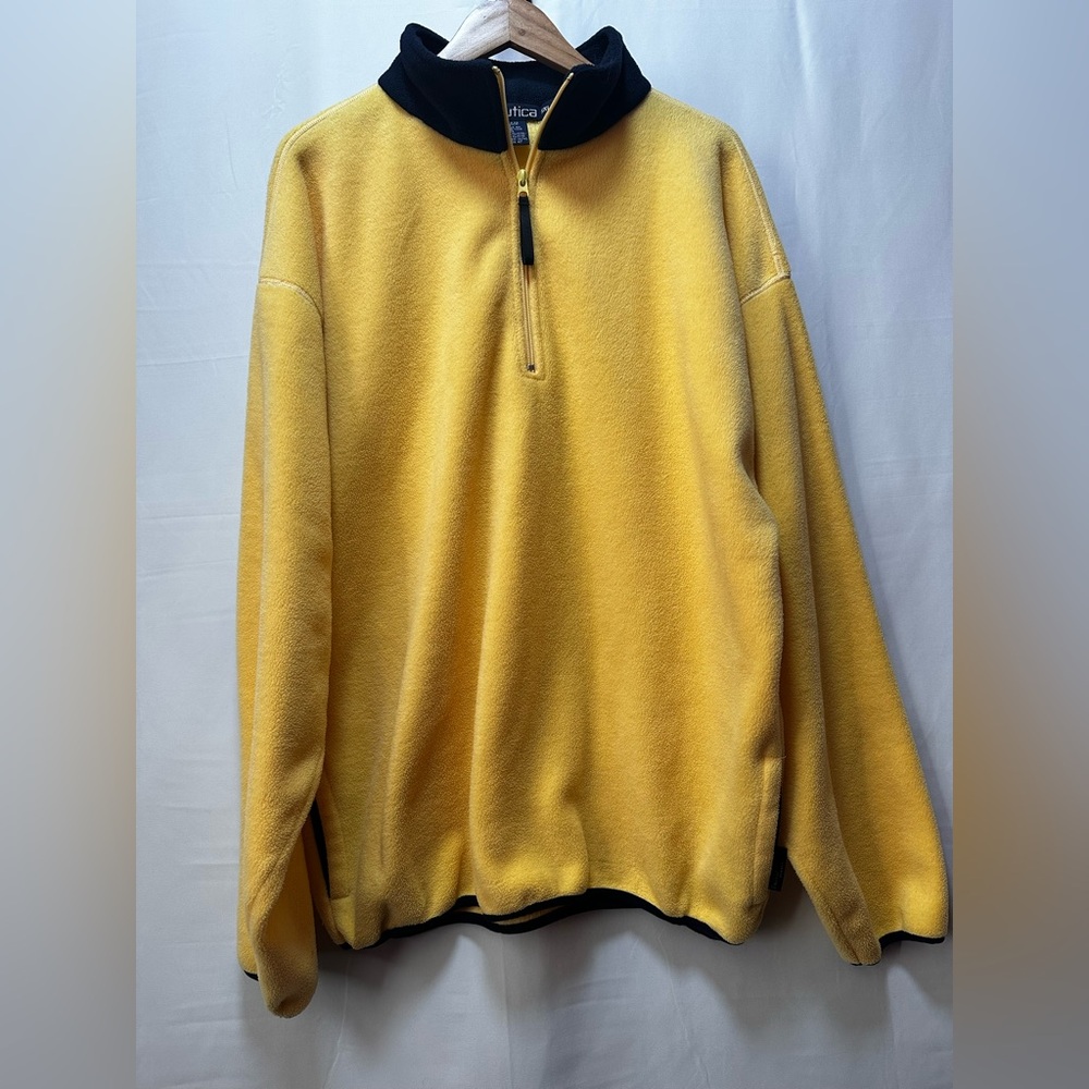 VTG Nautica Quarter Zip Fleece Pullover Sweater Men Yellow Navy Spell Out